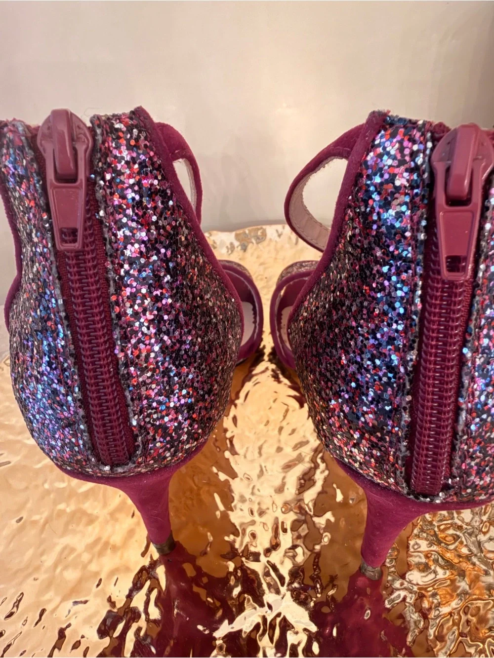 Shoe Dazzle Burgundy Glitter Ankle-Strap Heels NWOT